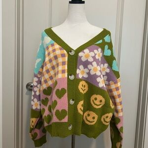 Easel Multicolor Smiley Cardigan Sweater